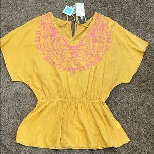 Hayden Mustard Blouse with Pink Embroidery
